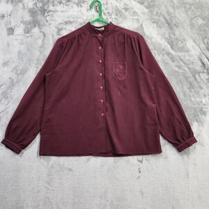 Vintage Surya Top Womens L Red Burgundy Embroidered Silky Long Sleeve France